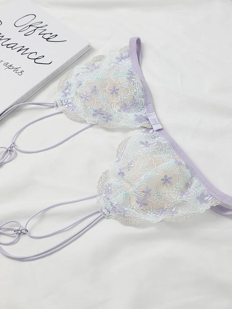 Embroidered lace lingerie triangle cup hollowed out ultra-thin sexy bra breifs set women small size underwear bralette