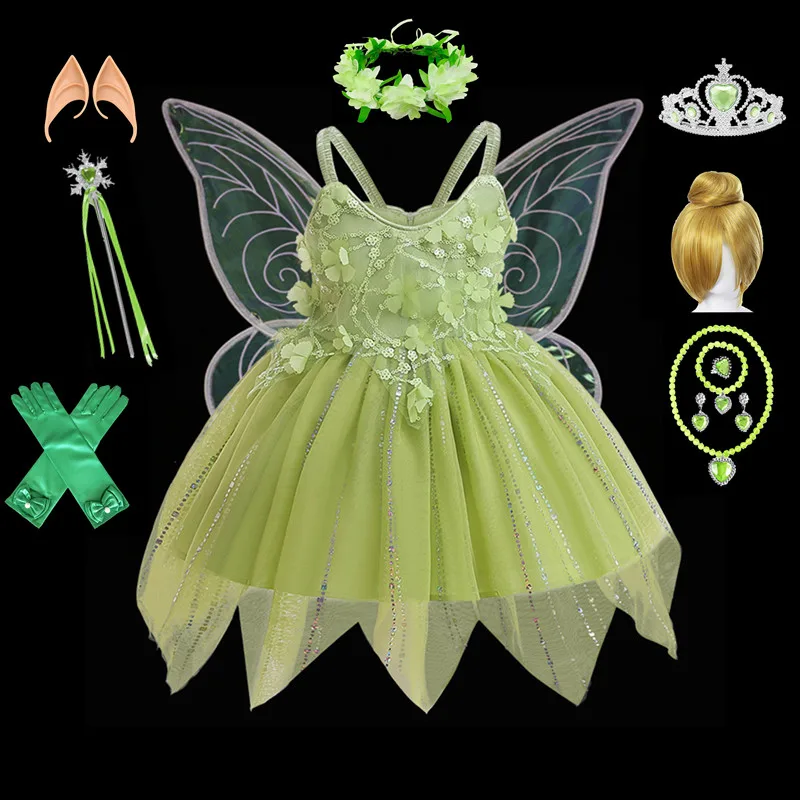 1 to 7Y Tinker Bell Dresses Cosplay Costume Girls Green Gown Elegant Robe with Wing Party Halloween Evenning Princess Clothing