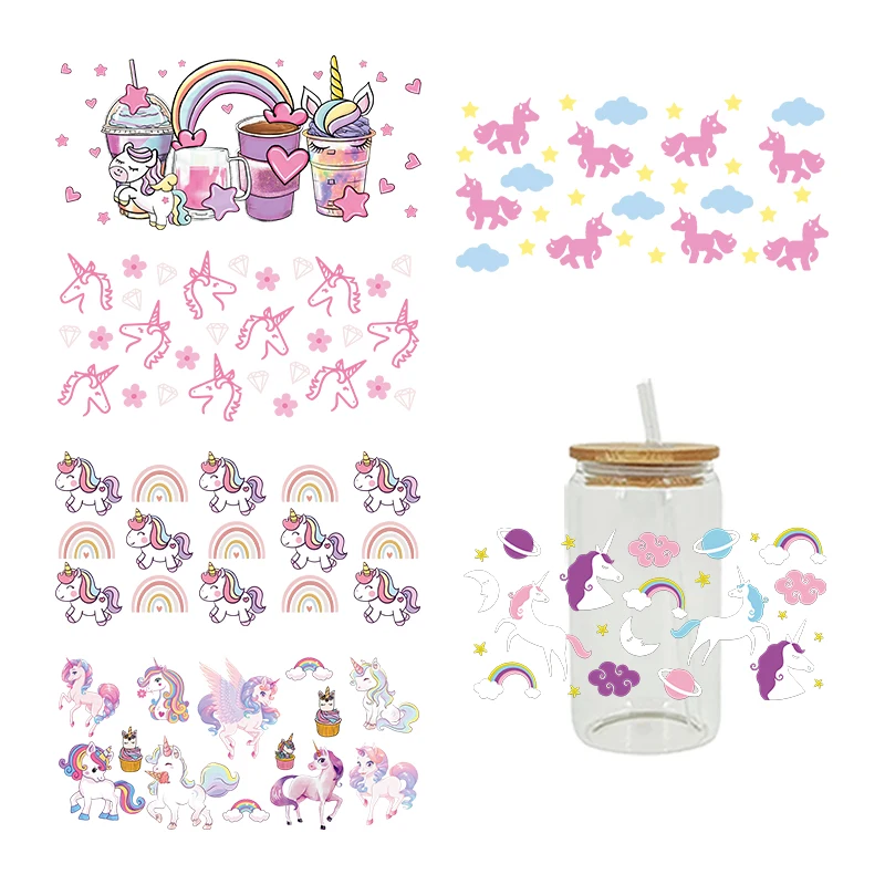 UV DTF Transfer Sticker Watercolor Unicorn Kid Life Rainbow Printed For 16oz Libbey Glasses Can Wraps D5359