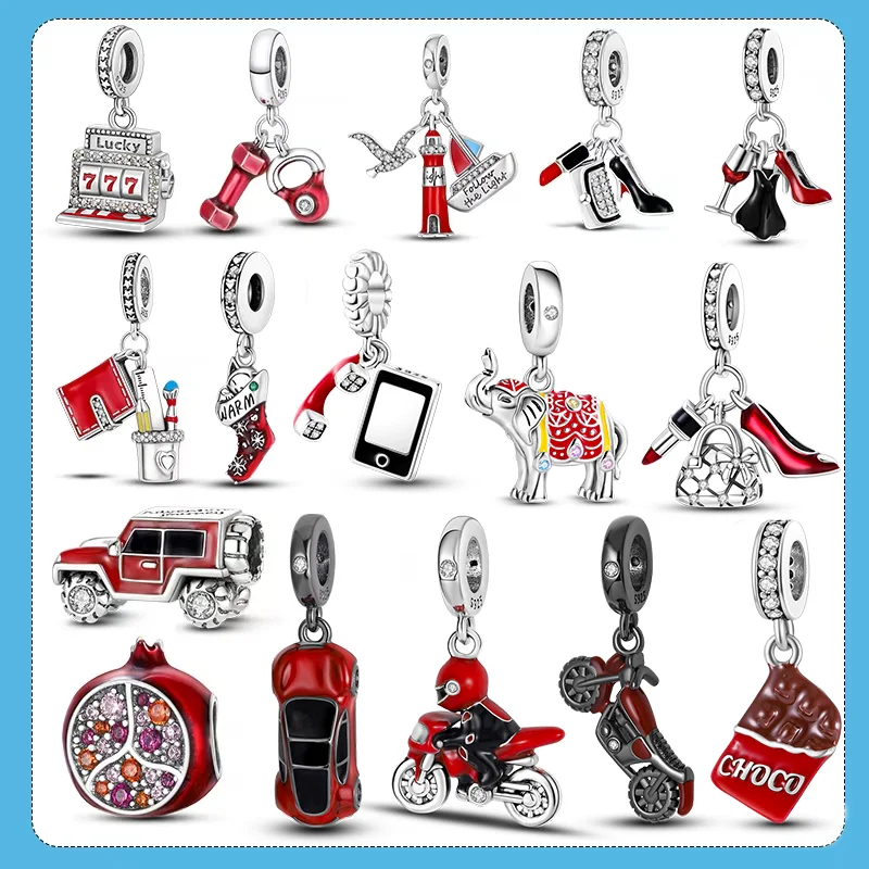 Rote Serie Anhänger-Charms Perlen Plata Charms aus 925er Silber passend für Original Marken Damen Armband Anhänger Halskette Schmuck
