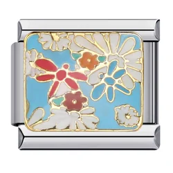 Colorful Glaze Floral & Fish Charm Stainless Steel Bracelet (Imitation Rhodium Plated)