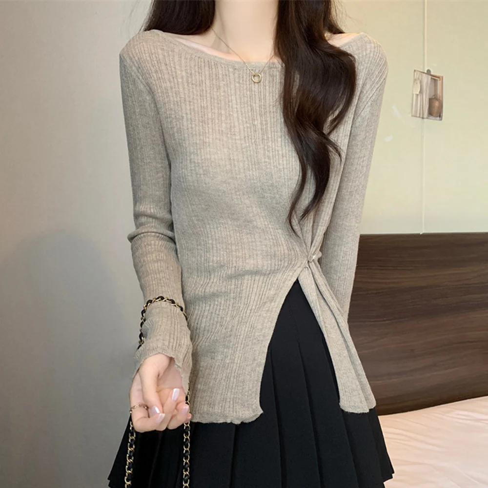 Autumn Winter Knitted Sweater Long Sleeve Solid Color Slim Fit