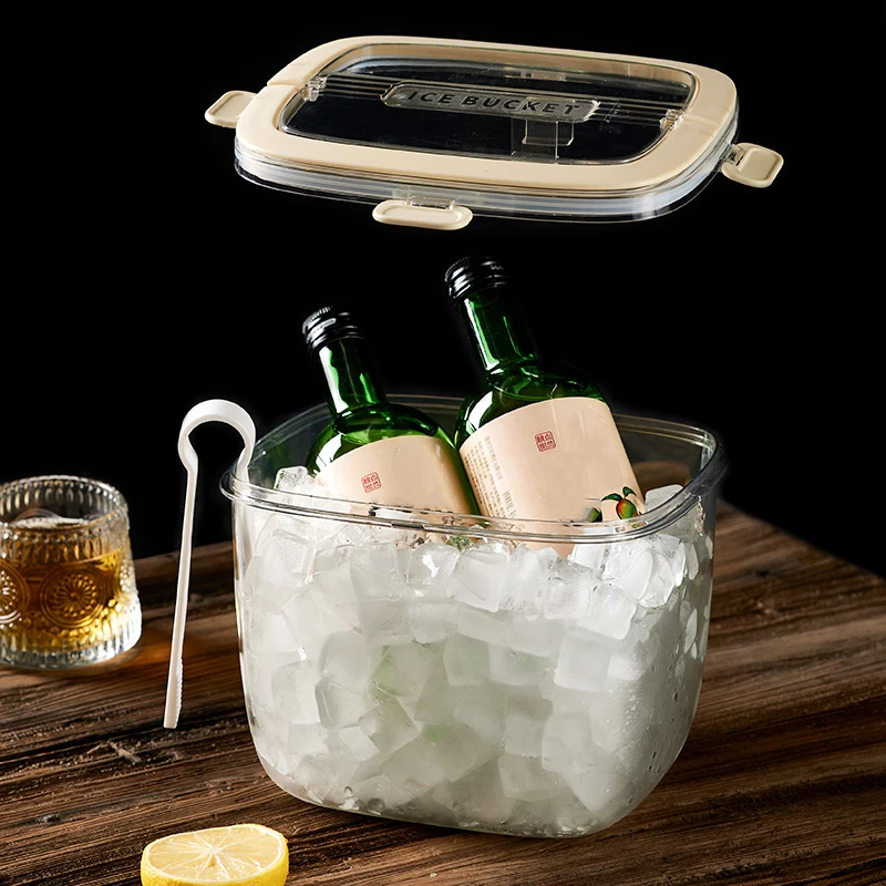Bar Ice Bucket with Lid and Ice Tongs, Portable Hidden Handle Beverage Beer Bucket Transparent Storage Refrigerated Storage