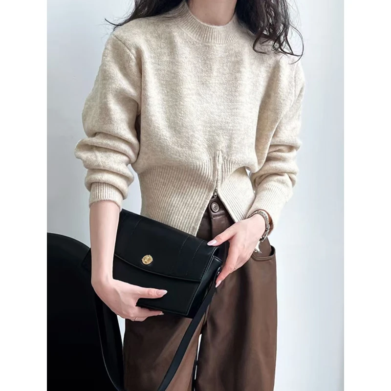 Autumn Temperament Round Neck Zipper Design Loose and Versatile Long Sleeved Knitted Sweater Solid Color Sweater for Women