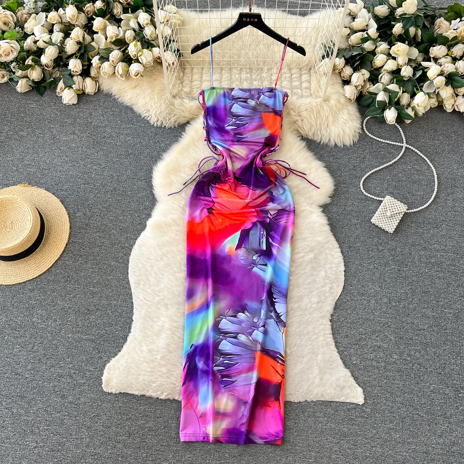 

Chic Sleeveless Slim Butterfly Print Slip Dress French Sexy Chic Elegant Party Vestido Women Vintage Summer Hip Wrap Dress