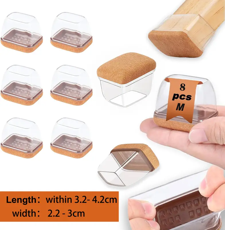 8PCS  Silicone Chair Leg Floor Caps Protectors Rectangle with Felt Foot End Caps Covers width 22-32mm for Chair Table No Noise - Image 8