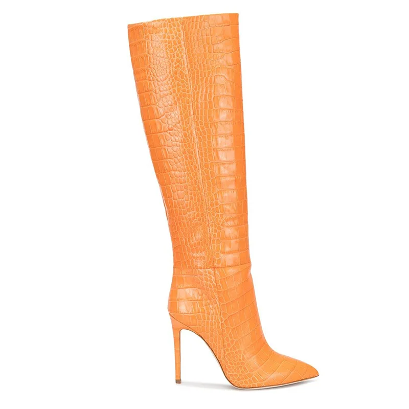 

Winter New Large Size Pointy Stiletto Heeled Women Knee High Boots Purple Gold Imitation Crocodile Boots