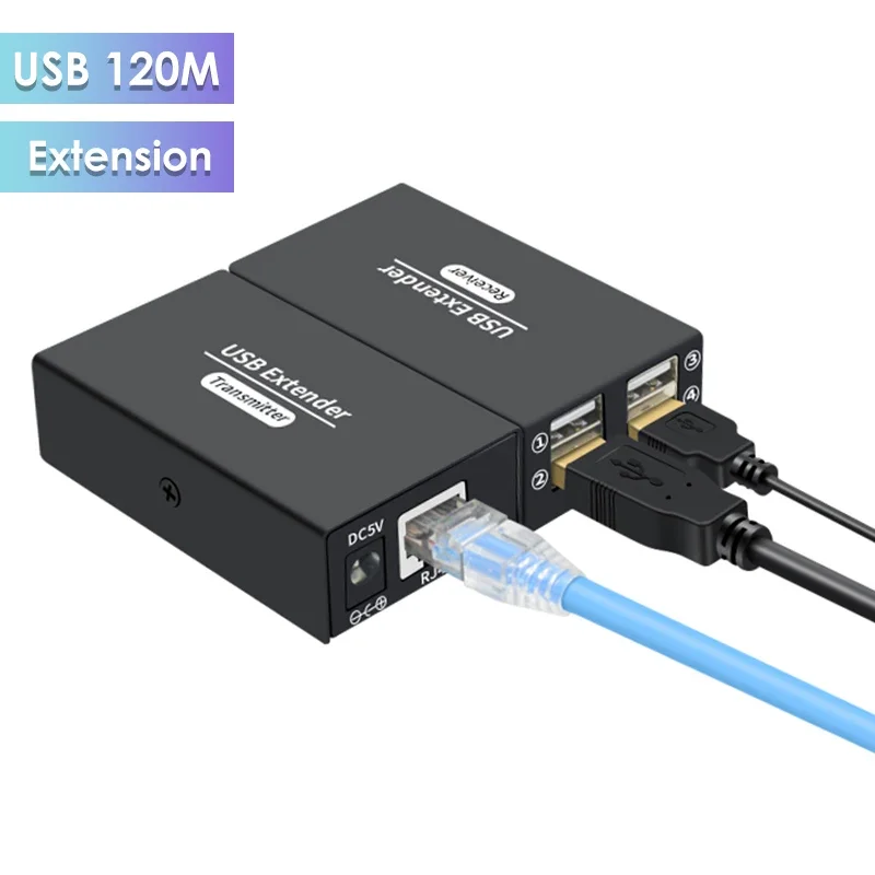 

120M USB2.0 Extender Over RJ45 Ethernet Cat6 Cable 4 Port USB 2.0 Hub Transmitter and Receiver for Keyboard Mouse Printer U Disk