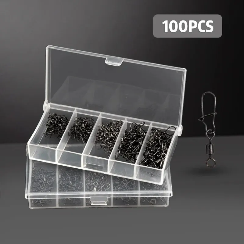 Fishing Accessories Fishing Hook Fishing Swivels Fishing Line Connectors 100PCS/Box Fishing Connector Pin 4# 6# 8#10#12# Bearing Rolling Swivel With Snap Fishhook Lure Accessories
