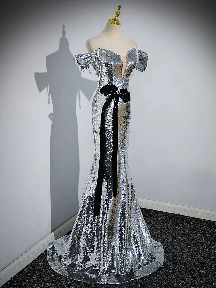 Silver Sequin Mermaid Evening Dress for Women Sexy Off The Shoulder Bow Beading Backless Fishtail Formal Celebrity Party Gowns