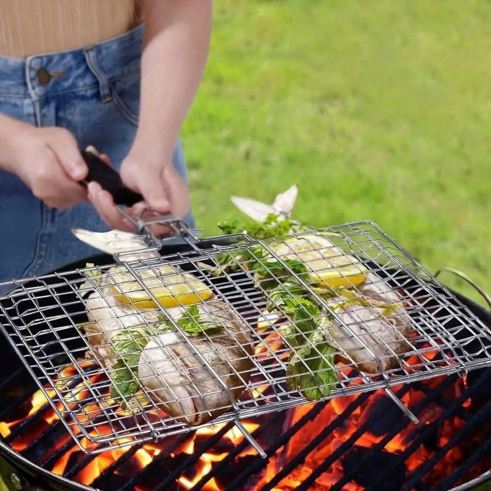 Folding Portable Outdoor Camping Stainless Steel BBQ Rack Removable Handle Grilling Basket Barbeque Griller Cooking Tools