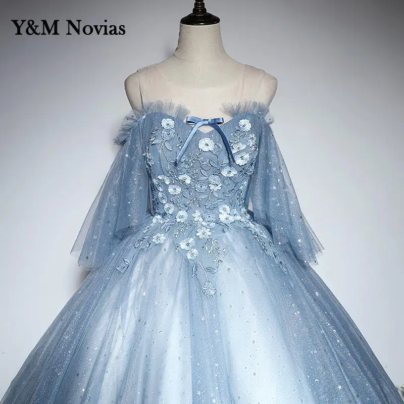 Vestido de quinceañera de encaje brillante de alta calidad, vestido de fiesta, baile de graduación, bordado de flores, hombros descubiertos, tirantes finos, talla grande