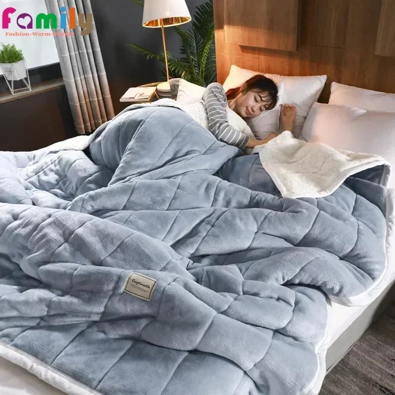 

Coral Fleece Autumn Winter Warm Blankets for Bed 3 Layers Thick Flannel Blanket Quilt Soft Comfortable Warmth Quilts Washable