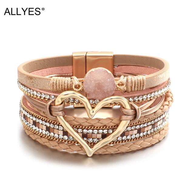 ALLYES Statement Stone Charm Leather Bracelets for Women Ladies Boho  Multilayer Rhinestone Wide Wrap Bracelet Female Jewelry