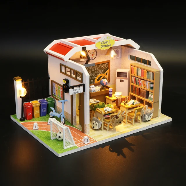 Class M907 Wooden Doll House Classroom Toys Diy Dollhouse Furnitures Music Kids Furniture Minature Doll Houses Kit Poppenhuis 3