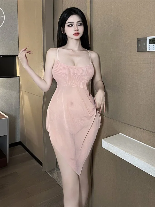 

Summer Breathable Sexy Thin Transparent Buttocks Wrapped Dress Erotic Fashion Solid Color Charm Mesh Gauze Lingerie Women 53M4