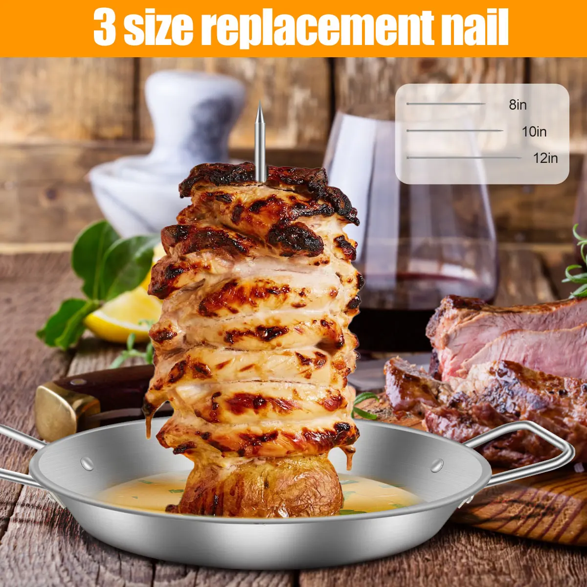 Vertical Meat Rack Stainless Steel BBQ Vertical Skewer Grill with 3 Replacement Spikes and Handle grill oven accessories