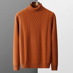 RONGYI Autumn and Winter Men's Thickened 100% Merino Wool Sweater Knitted Casual Large High Reverse Collar Pullovre Solid Color