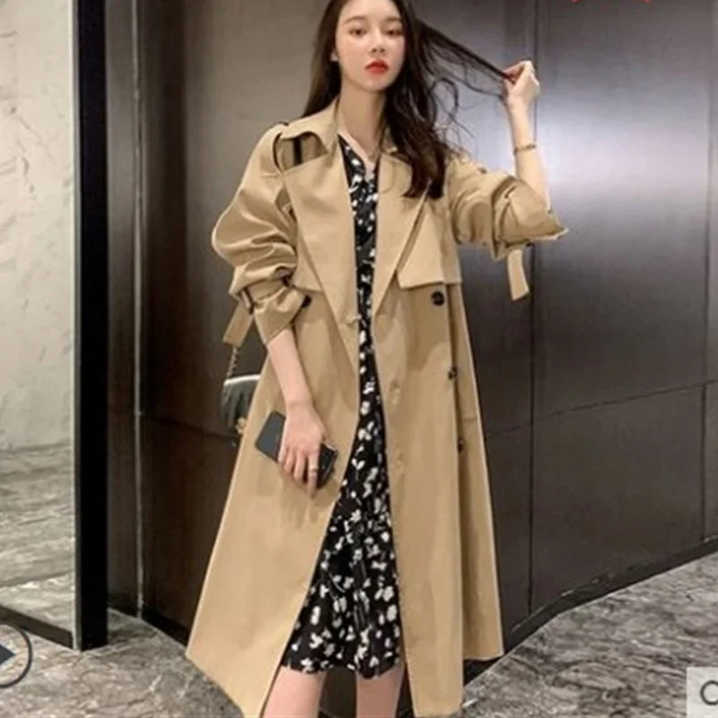 Khaki Fashion Trench Office Lady England Style Knee-Length Loose Casual Commute Coat with Belt Autumn Lapel Single Breasted Coat