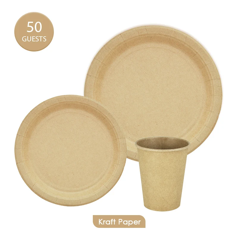 

50Guests 150pcs Kraft Paper Tableware Sets Disposable Plates Cups Birthday Party Decration Supplies Eco-Friendly discount