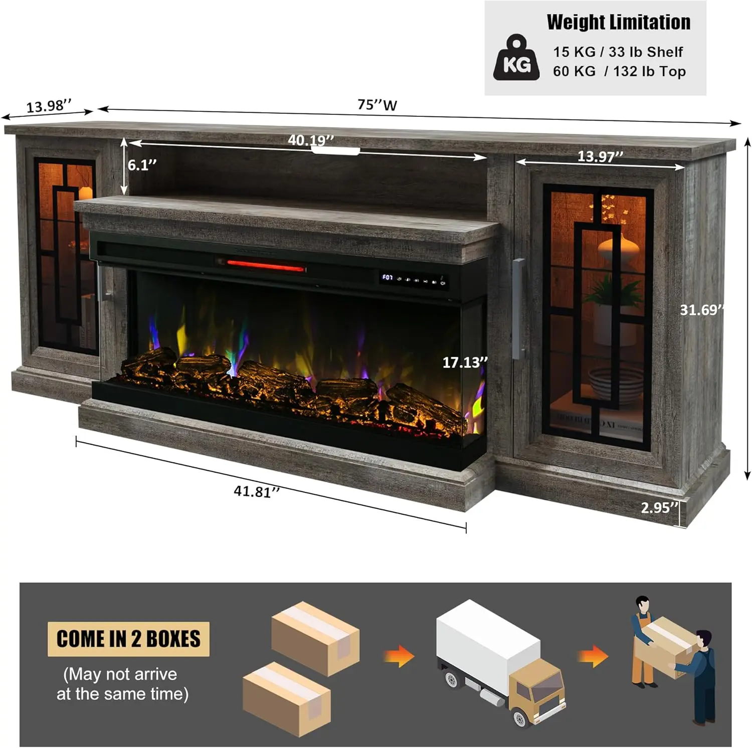 75-inch Electric FireplaceTV Stand 3-side Glass LED Modern Media Entertainment Center Console Adjustable Flame 40-inch 6