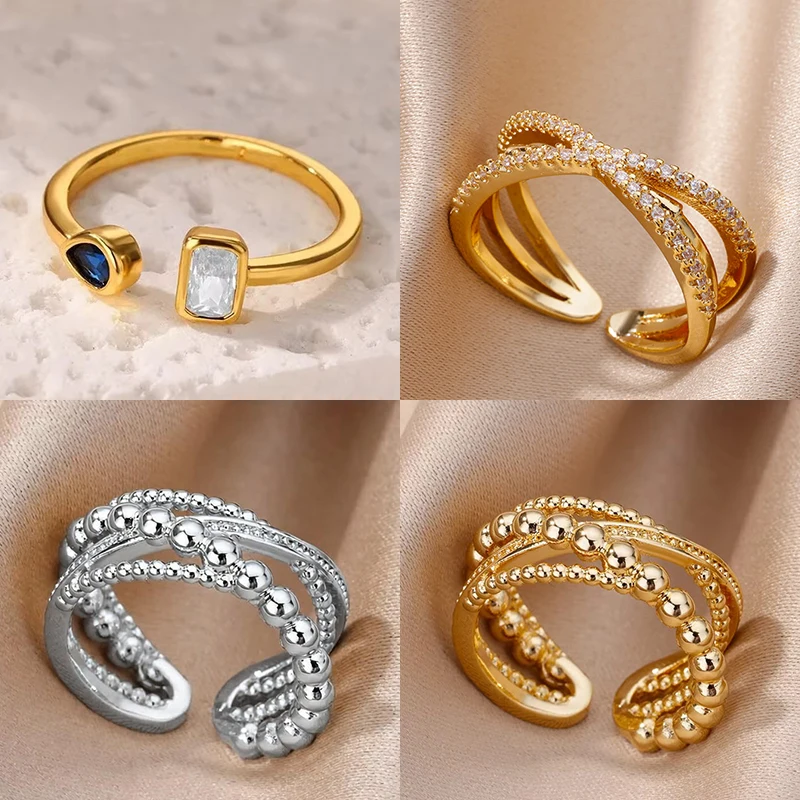 Zircon Square Drop Rings For Women Stainless Steel Gold Color Geometric Ring