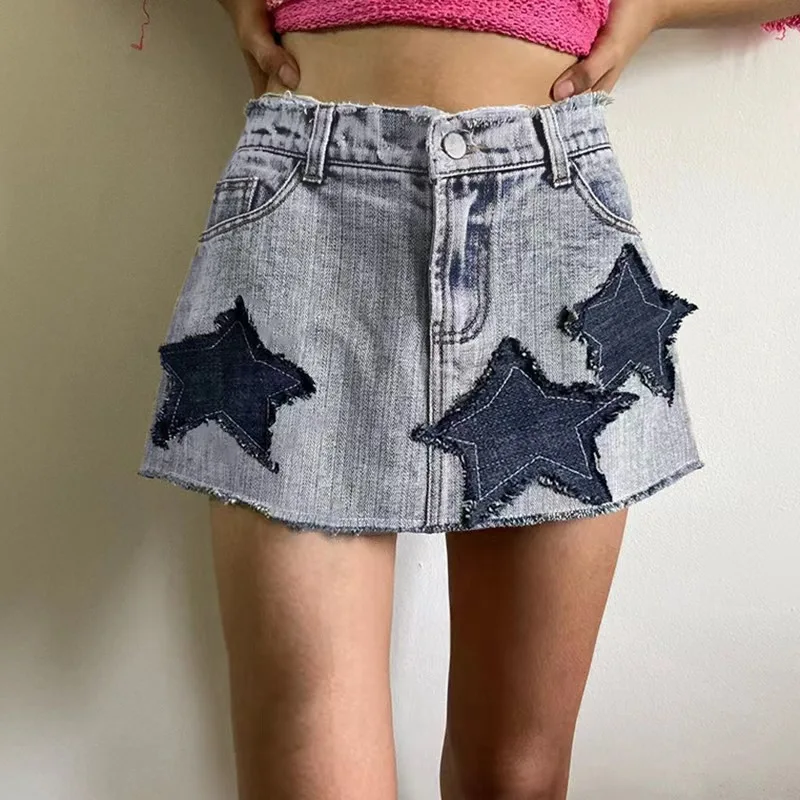 

FUAMOS New Five-pointed Star Mid Denim Shorts Women's Leisure European American Street Trouses Loose Contrast Color Pants