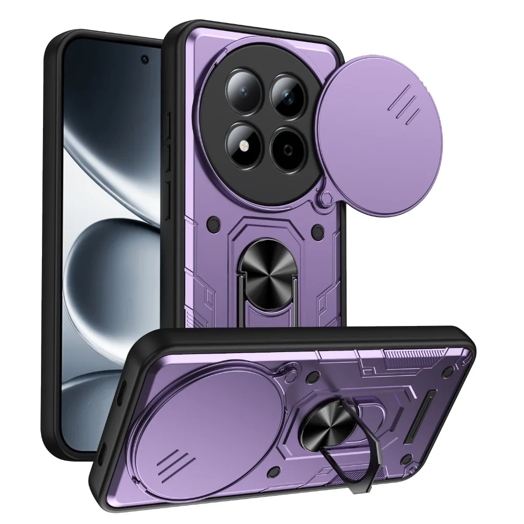 Shockproof Armor Phone Case with Slide Camera Protection & Rotating Ring Kickstand