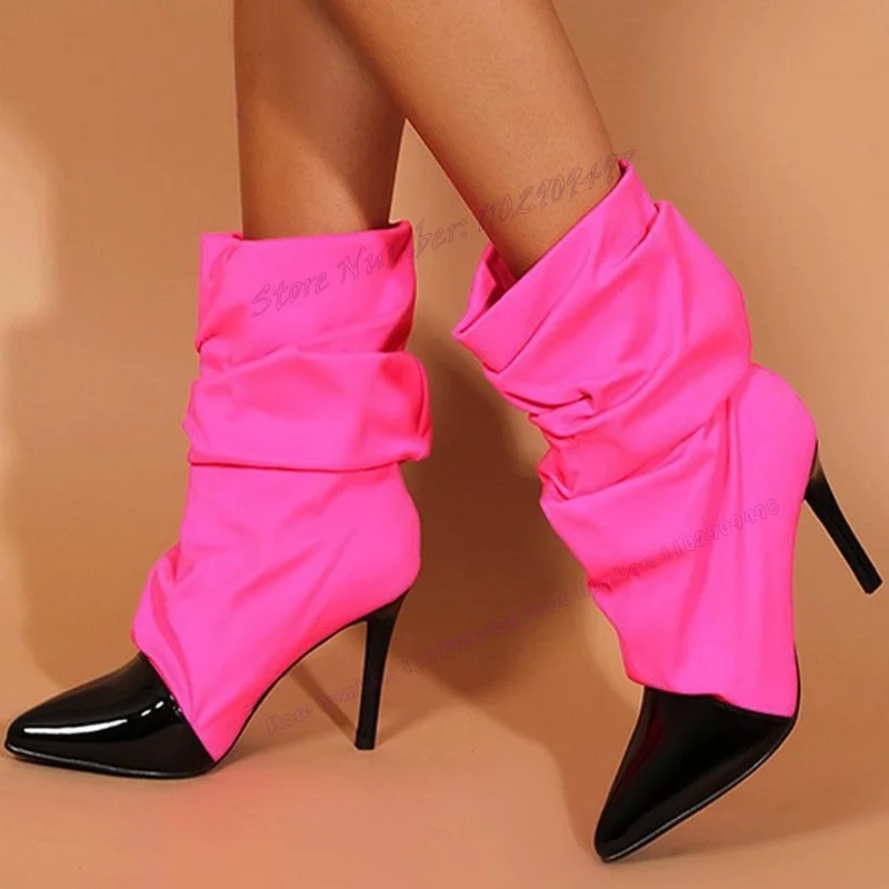 

Rose Red Patchwork Mid Calf Boots Satin Patent Leather Pointy Toe Shoes for Women Thin High Heels Shoes 2023 Zapatos Para Mujere