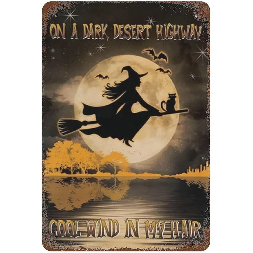 Witch Riding A Broom At Night Metal Wall Sign Pop Art Gothic Decor 7.8 x 11.8in
