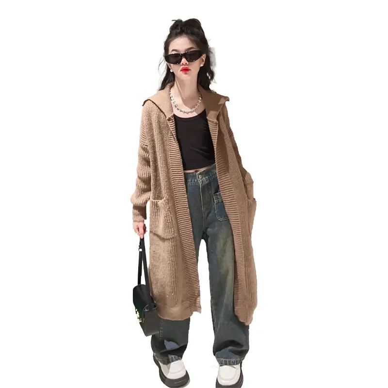 

Autumn Clothes Girl Clothing Sweater Cardigan 2023 Hooded Cardigan Long Coat Children's Clothing Long Sleeve Top Knitted Outwear