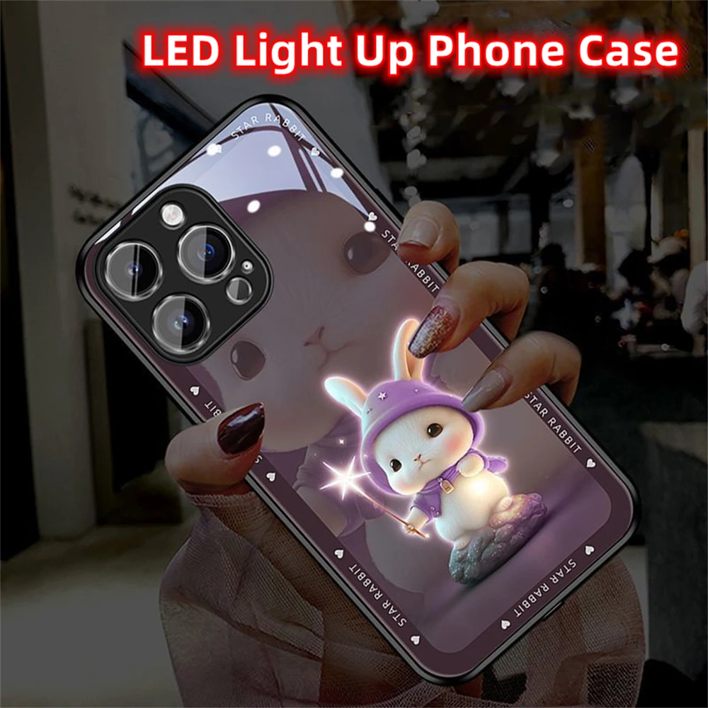 Star Rabbit LED Light Glowing Luminous Tempered Glass Back Phone Case For Samsung S23 S22 S21 S20 FE Note 10 20 Plus Ultra A54