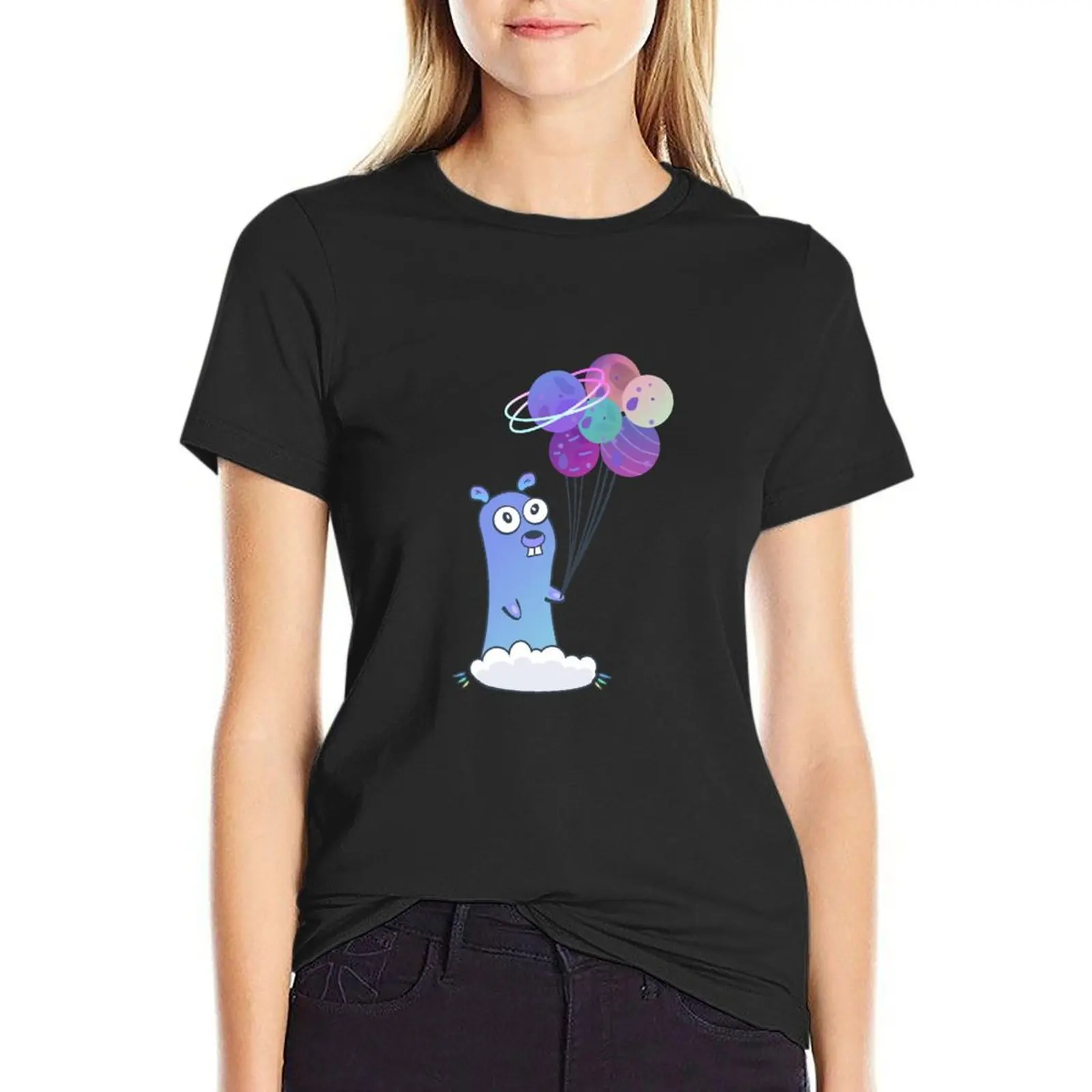 Golang gopher in space with planets like bubbles T-Shirt summer tops aesthetic clothes plain t shirts for Women
