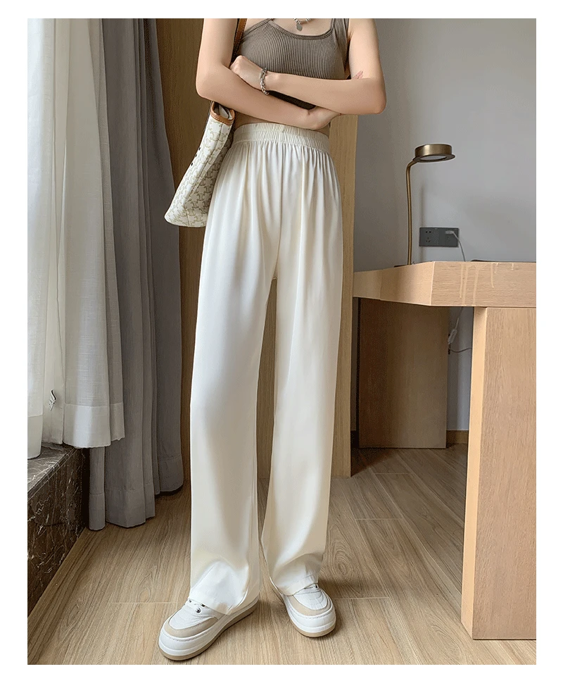 2023 Summer Green Silk Satin Wide Trousers for Women High