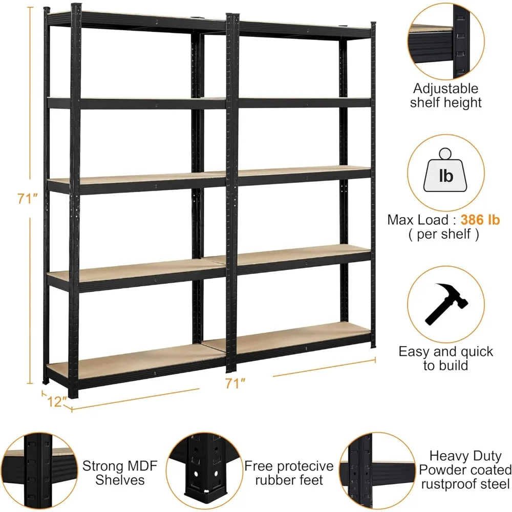 2PCS Storage Shelves 5 Tier Adjustable Metal Shelving Unit Utility Shelves Garage Storage Racks 3