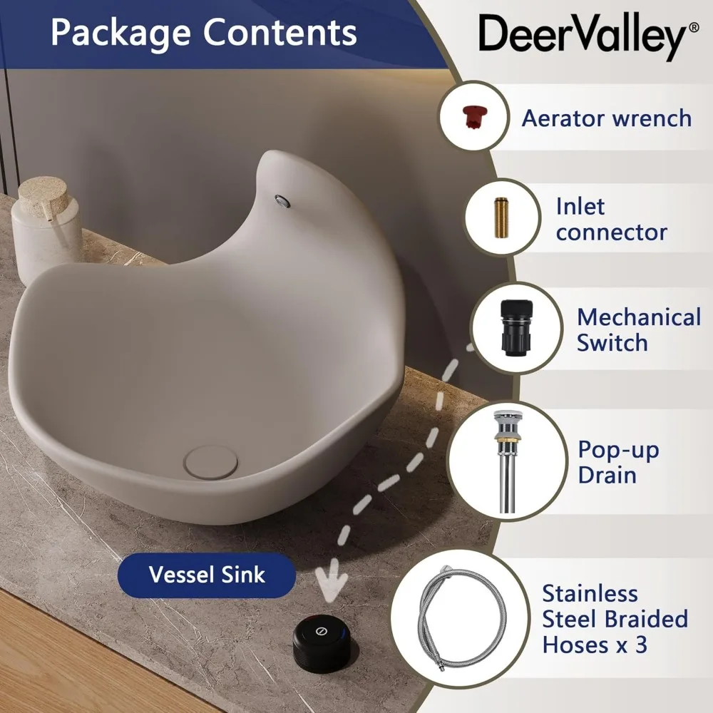 Artistic Concrete Bathroom Sink with Built-in Faucet and Pop-up Drain, Top Mount Bathroom Sink Bowl, Gray White 3