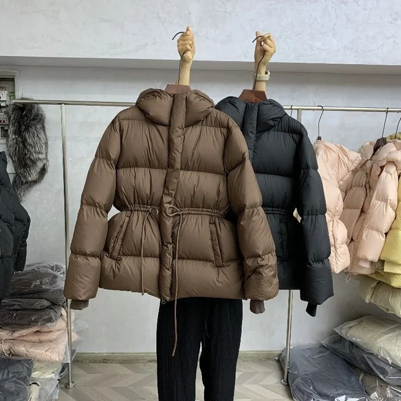 New 2025 Autumn Winter Lightweight Warm Cotton Jacket Women Cotton Coat Hooded Drawstring Waist Cinching Slim Fashion Parka Coat