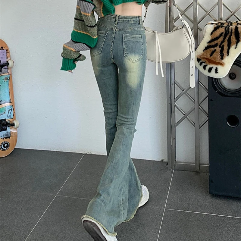 Retro Blue Washed Flare Jeans Women Aesthetic Y2k Skinny High Waist Pants Female Korean Fashion Street Denim Trousers Streetwear