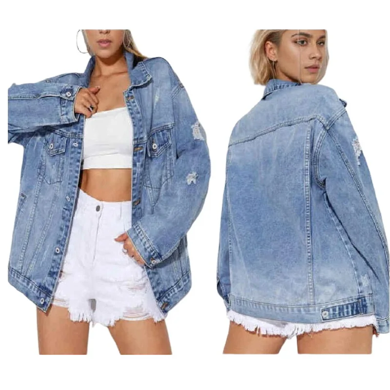 

European American Style Women Denim Jackets Fashion Worn-out Holes Mid-length Denim Clothing
