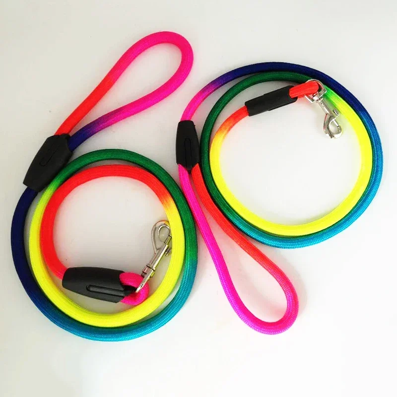 

1Pcs 0.8cm/1cm Rainbow Color Weave Nylon Belt Pet Dog Traction Rope Round Training Walking Leading Fashion Leashes