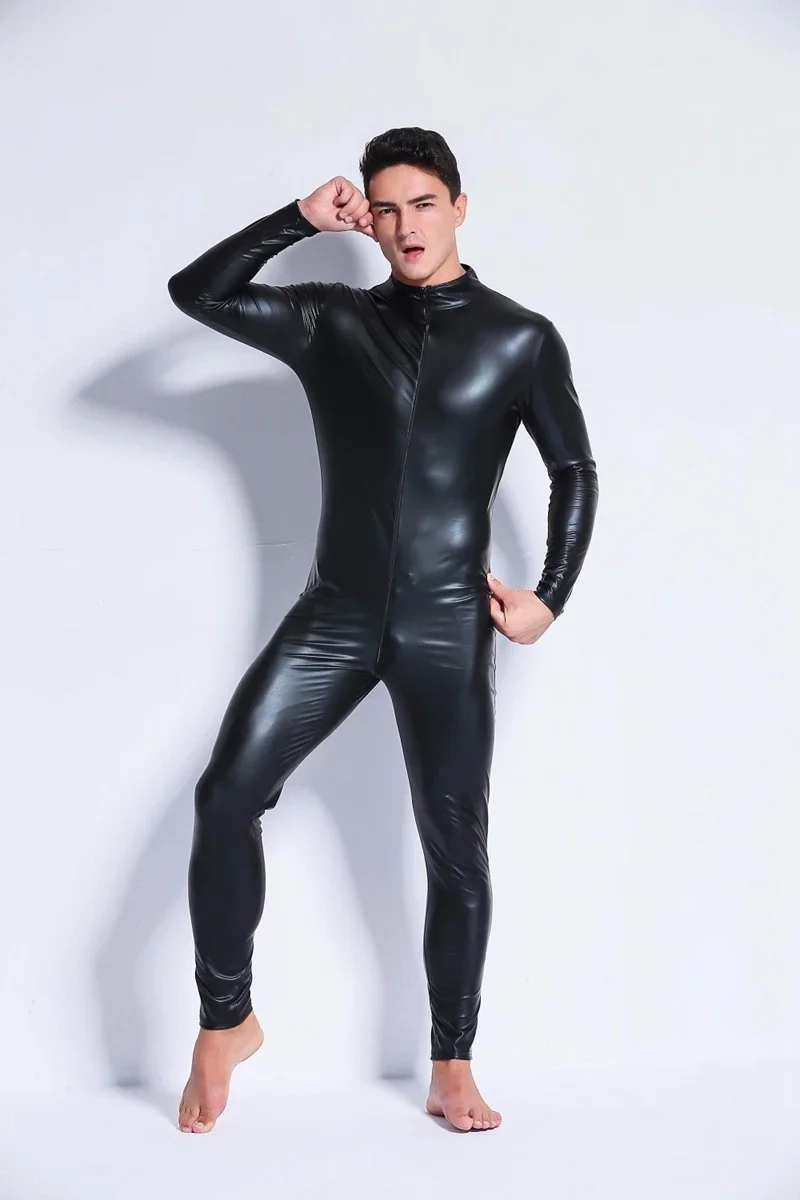 Men Wetlook Faux Leather Double Zipper Open Crotch Pvc Bodysuit Gay Hot Lingerie Latex Catsuit Fetish Wear Sexy Costume men underwear,sexy lingerie