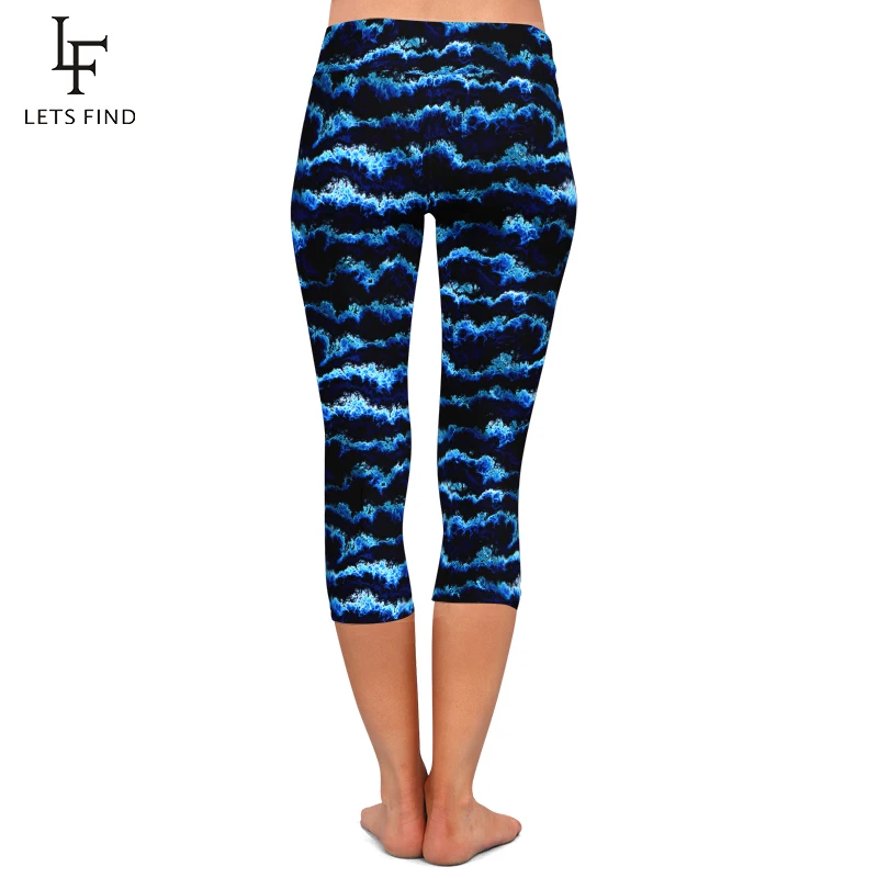 LETSFIND 2020 New Arrival Waves Printing Women Leggings High Waist  Fitness Soft Slim Elastic Capri Leggings for Summer