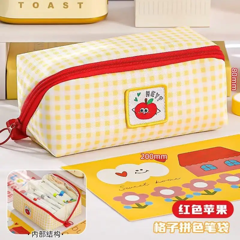 Nuovo astuccio portapenne a quadretti Kawaii, grande capacità, per studenti, da scrivania, per riporre articoli di cancelleria, a più strati, regalo per bambini - immagine 3