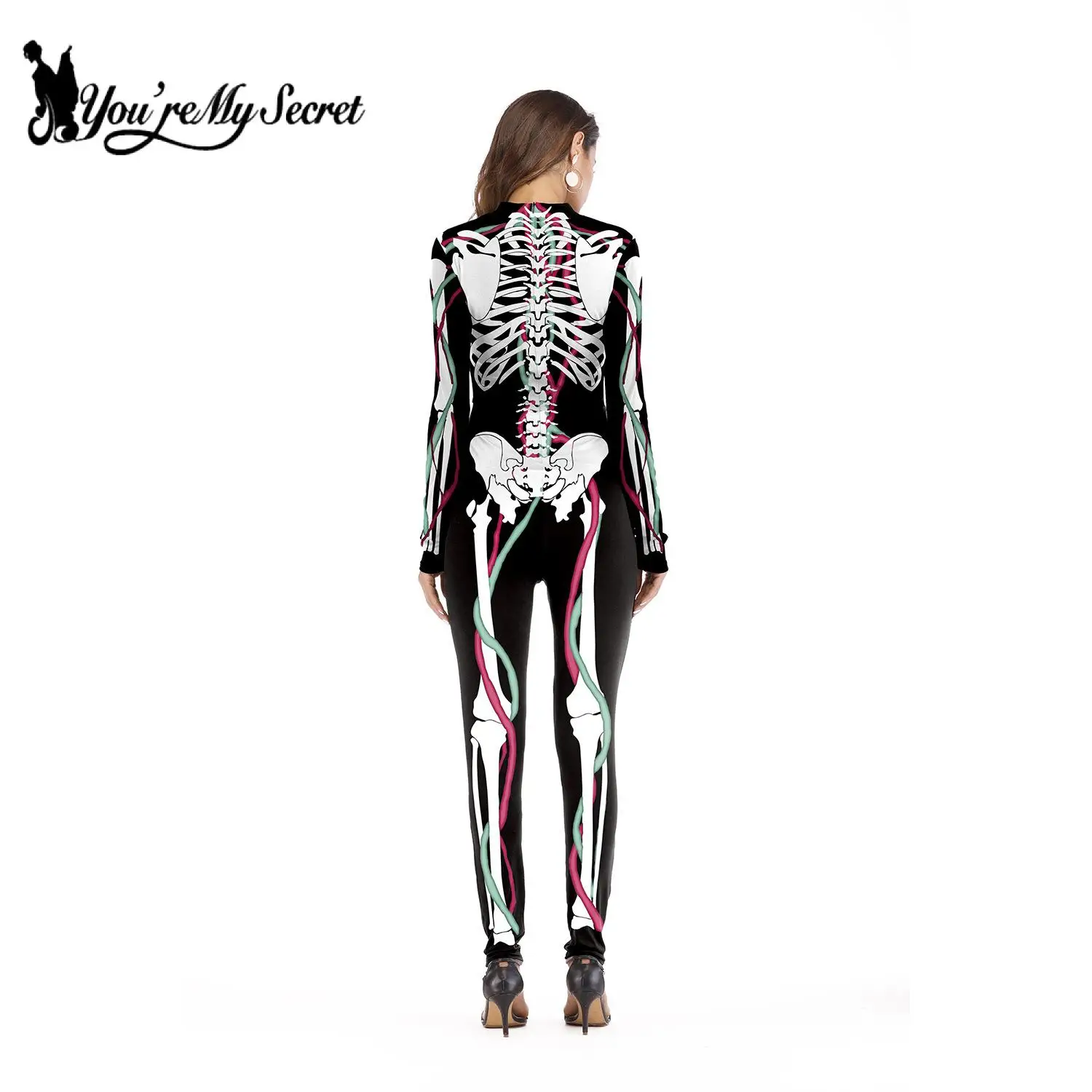 [You're My Secret] Gothic 3D Devil Ghost Skull Skeleton Rose Print Bodysuits Partywear Halloween Cosplay Customs For Women
