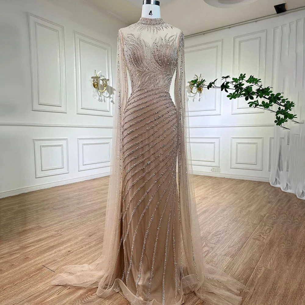 Serene Hill Arabic Caramel Mermaid Sexy Cape Sleeves Lace Beaded Long Evening Dresses Gowns 2023 For Women Wedding Party LA71885