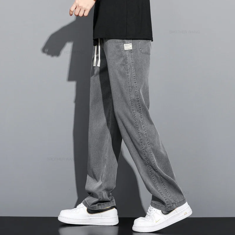 Lyocell Casual Trousers Summer Thin Men's Baggy Jeans Straight Fashion Stretch Denim Pants Comfortable Soft 4