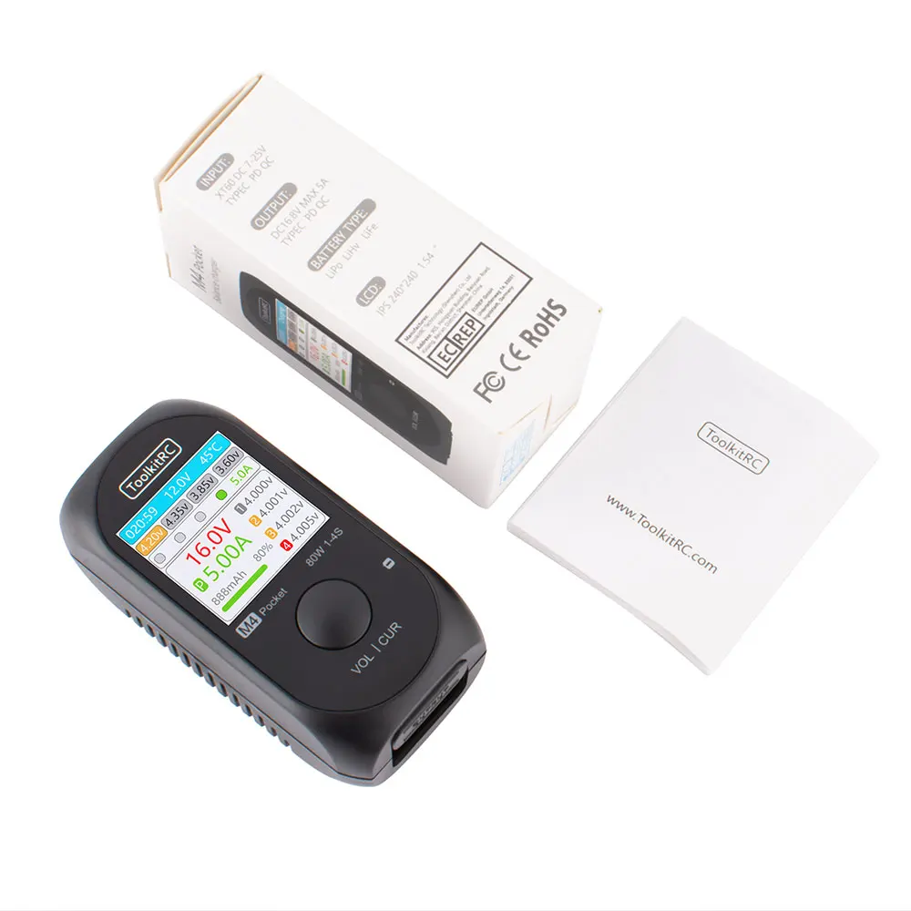 ToolkitRC M4 Pocket DC 80W 5A XT30 XT60 Input USB-C Input/Output Charger for 1-4S LiPo Battery Quick Charger Function 6