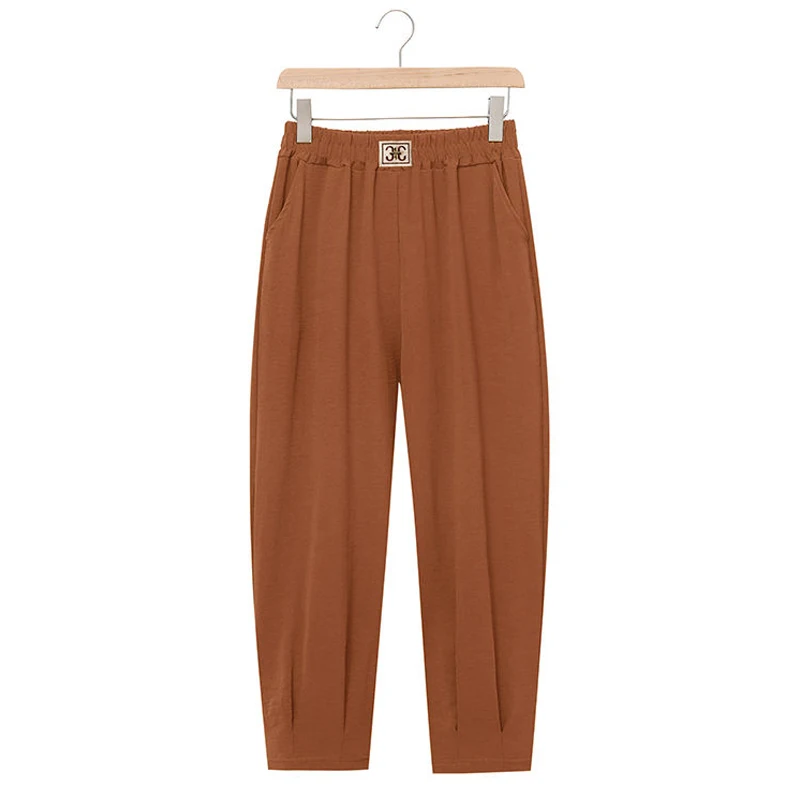 Summer New Ice Silk Thin Loose Harem Pants Solid Elastic Waist All-match Straight Casual Pants Fashion Vintage Women Clothing