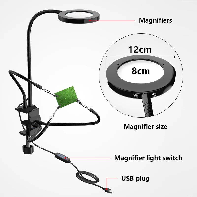 Loupe à main grossissante à LED AIHONTAI Pince rotative 360° USB pour