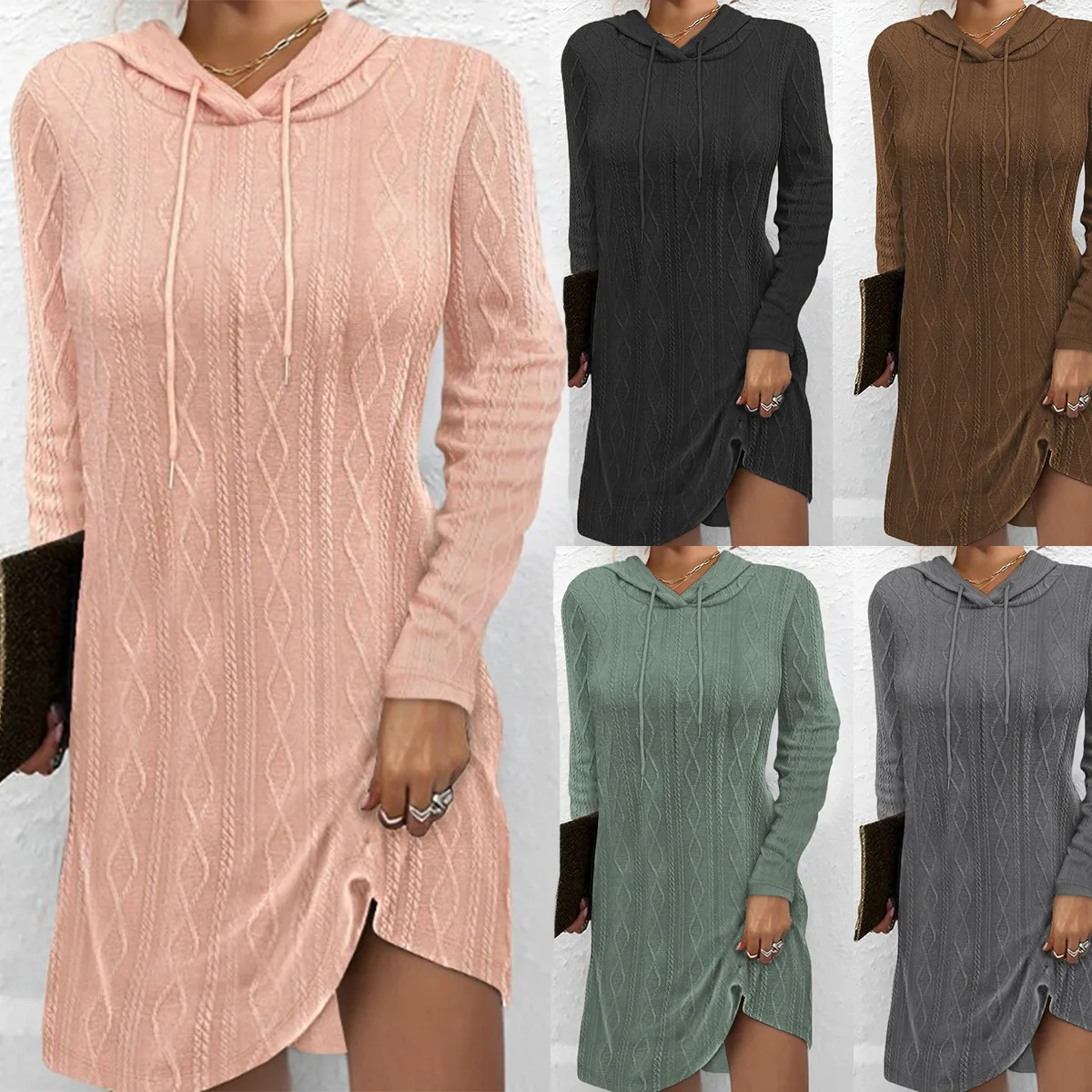 Autumn and Winter Dress for Women Fashion New Solid Color Elegant Temperament Long Sleeve Hooded Pullover Knitted Skirt